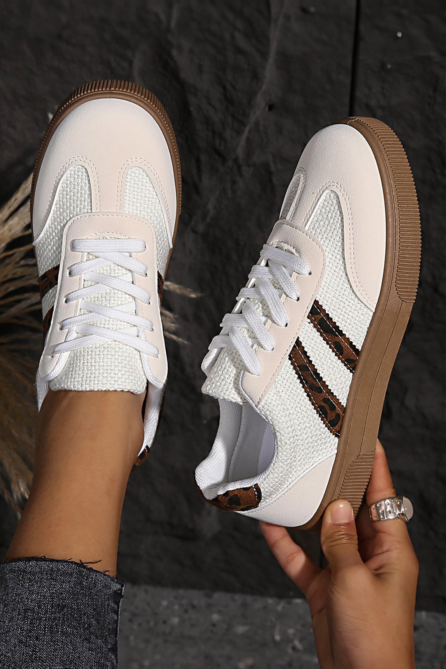White Woven Leopard Patchwork Flat Sneakers