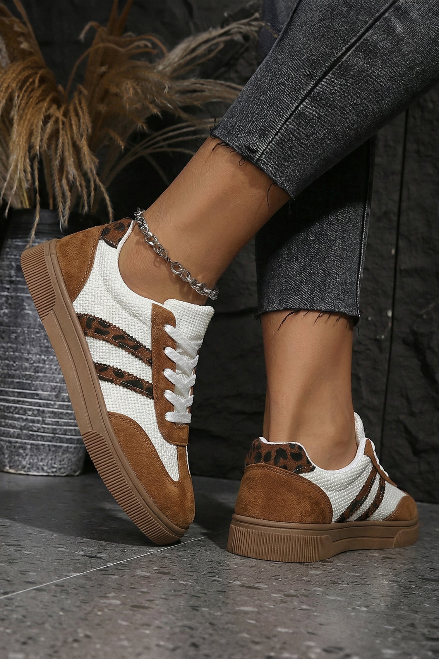 White Woven Leopard Patchwork Flat Sneakers