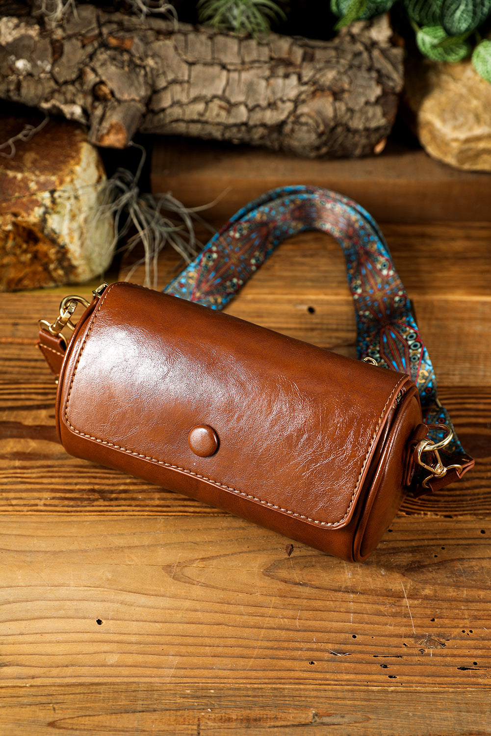 Chestnut PU Leather Flap Shoulder Bag with Retro Wide Strap