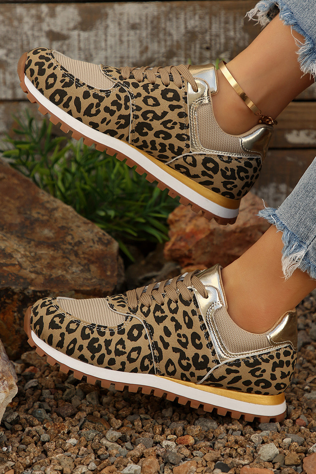 Coffee Leopard Faux Suede Patchwork Lace-Up Sneakers