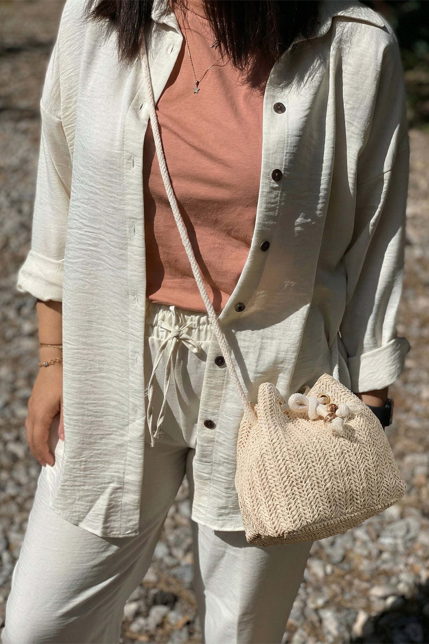 White Boho Straw Mini Bucket Bag