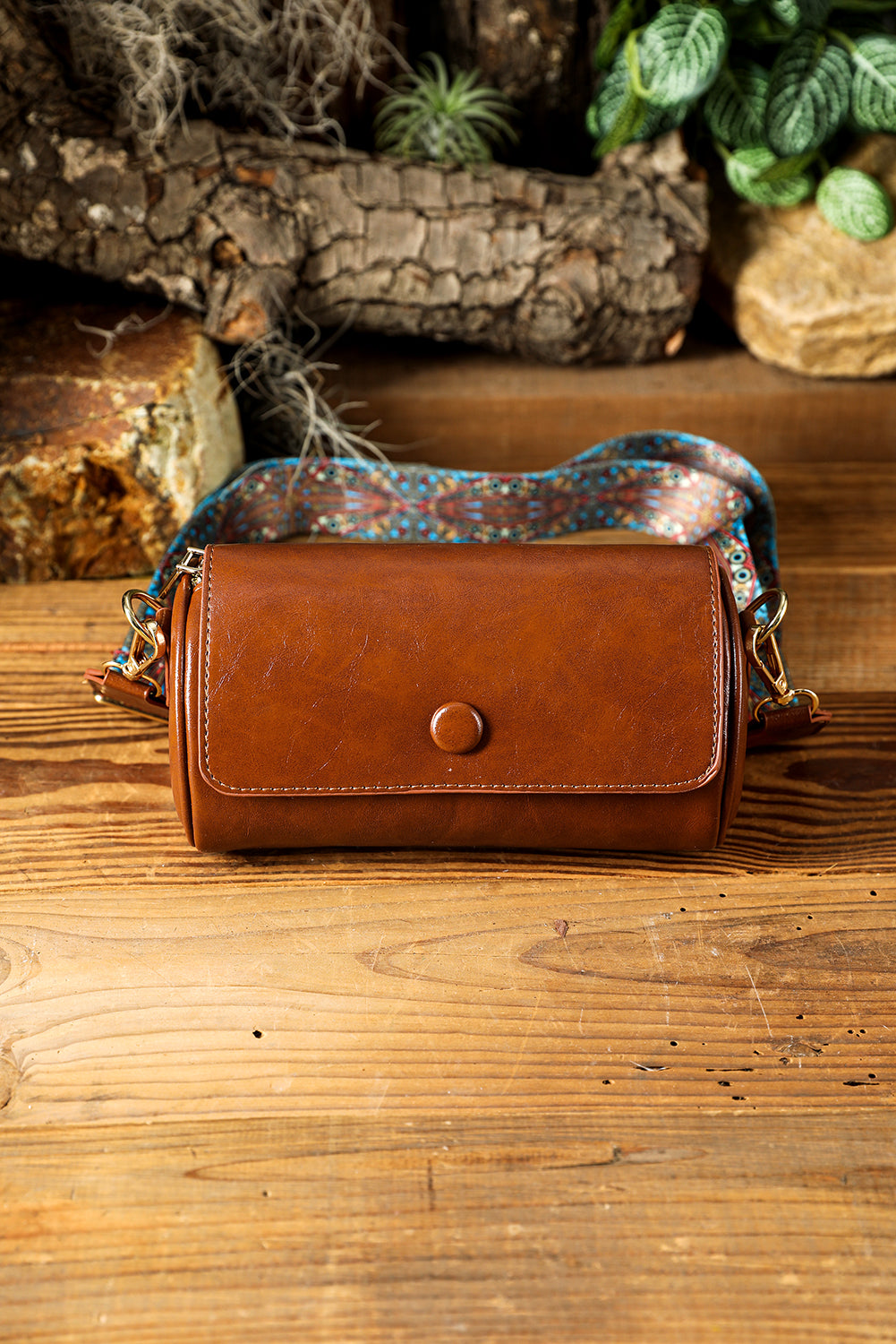 Chestnut PU Leather Flap Shoulder Bag with Retro Wide Strap