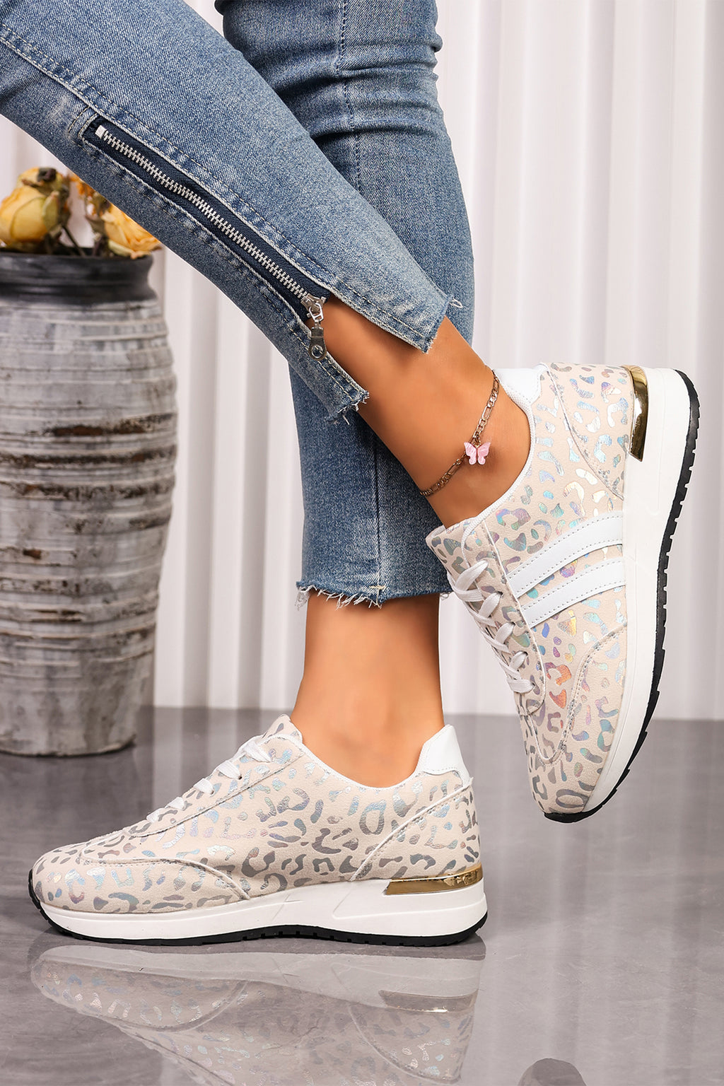 White Leopard Print Low-Top Sneakers