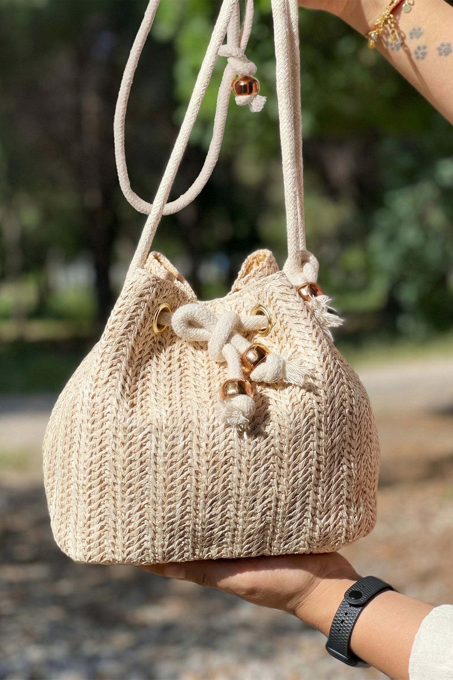 White Boho Straw Mini Bucket Bag