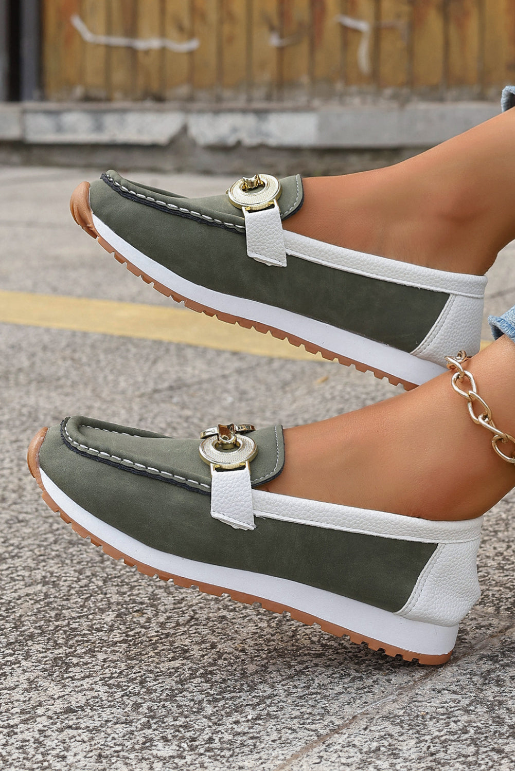 Dark Green Metal Ring Thick Sole Slip-On Loafers