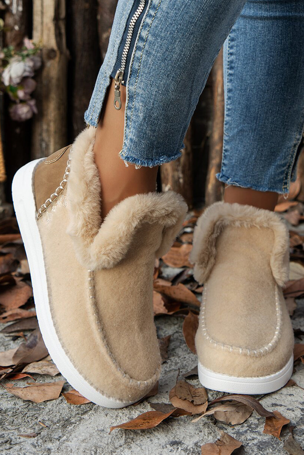 Carbon Grey Suede Patchwork Plush Lined Ankle Boots