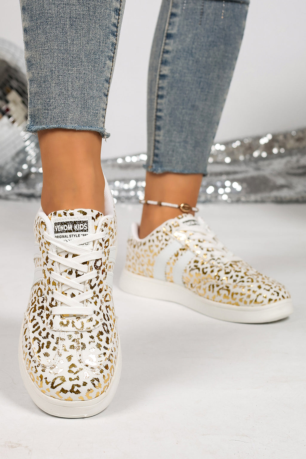 White Leopard Print Lace-Up Casual Shoes