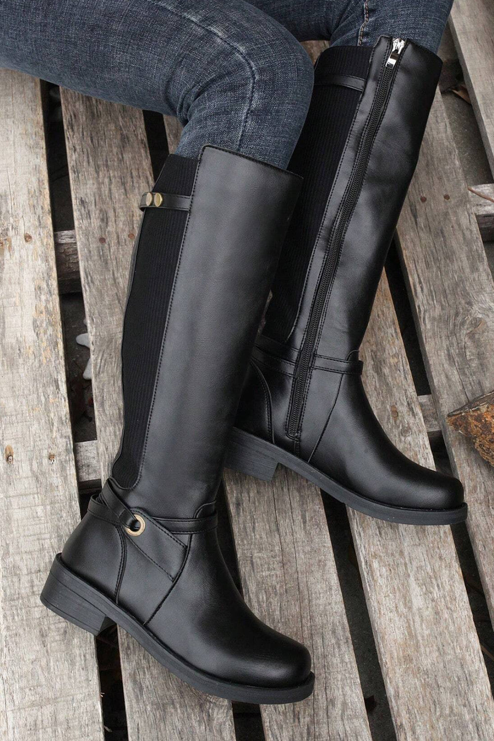 Black Side Zipper Knee-High Chunky Heel Boots