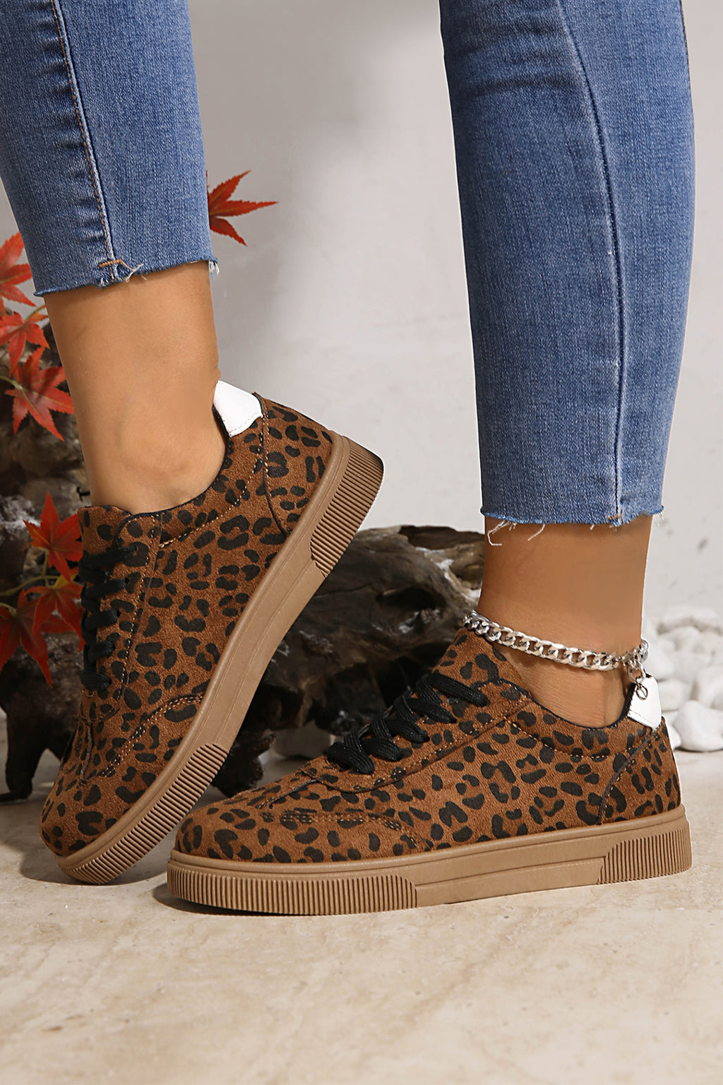 Coffee Leopard Print Contrast Lace-Up Shoes