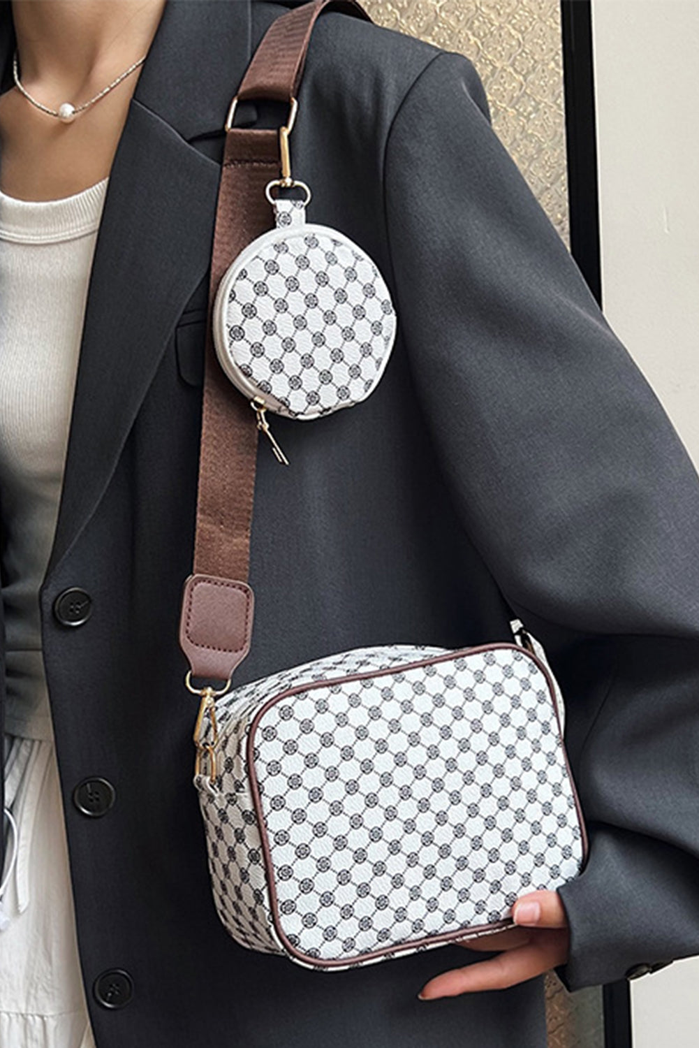 Coffee PU Leather Geometric Shoulder Bag with Wallet