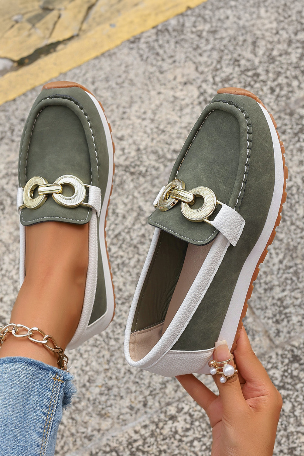 Dark Green Metal Ring Thick Sole Slip-On Loafers