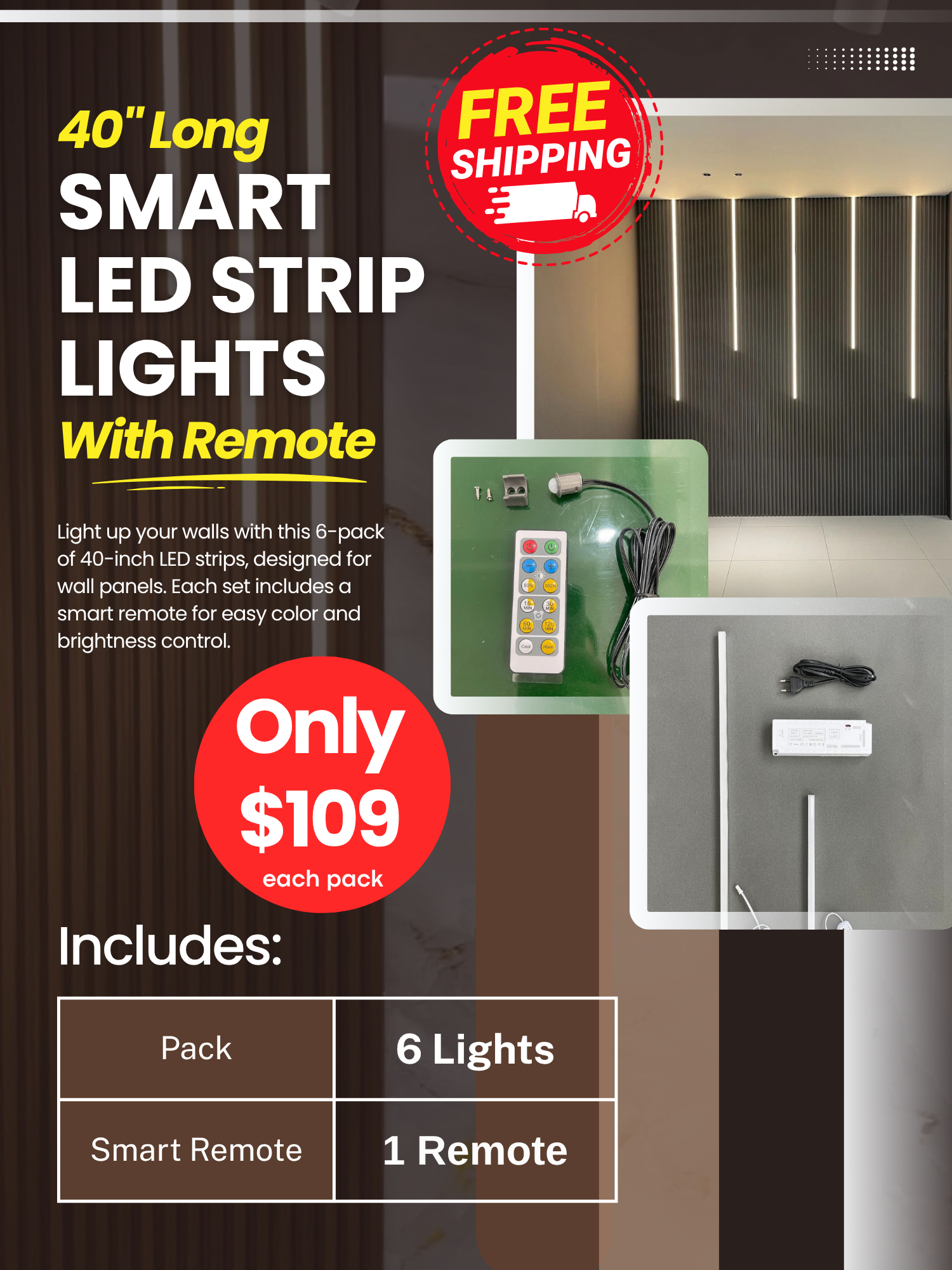 Smart LED Strip Lights with Remote (6-Pack, 40")