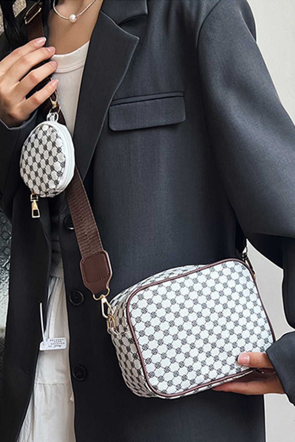Coffee PU Leather Geometric Shoulder Bag with Wallet