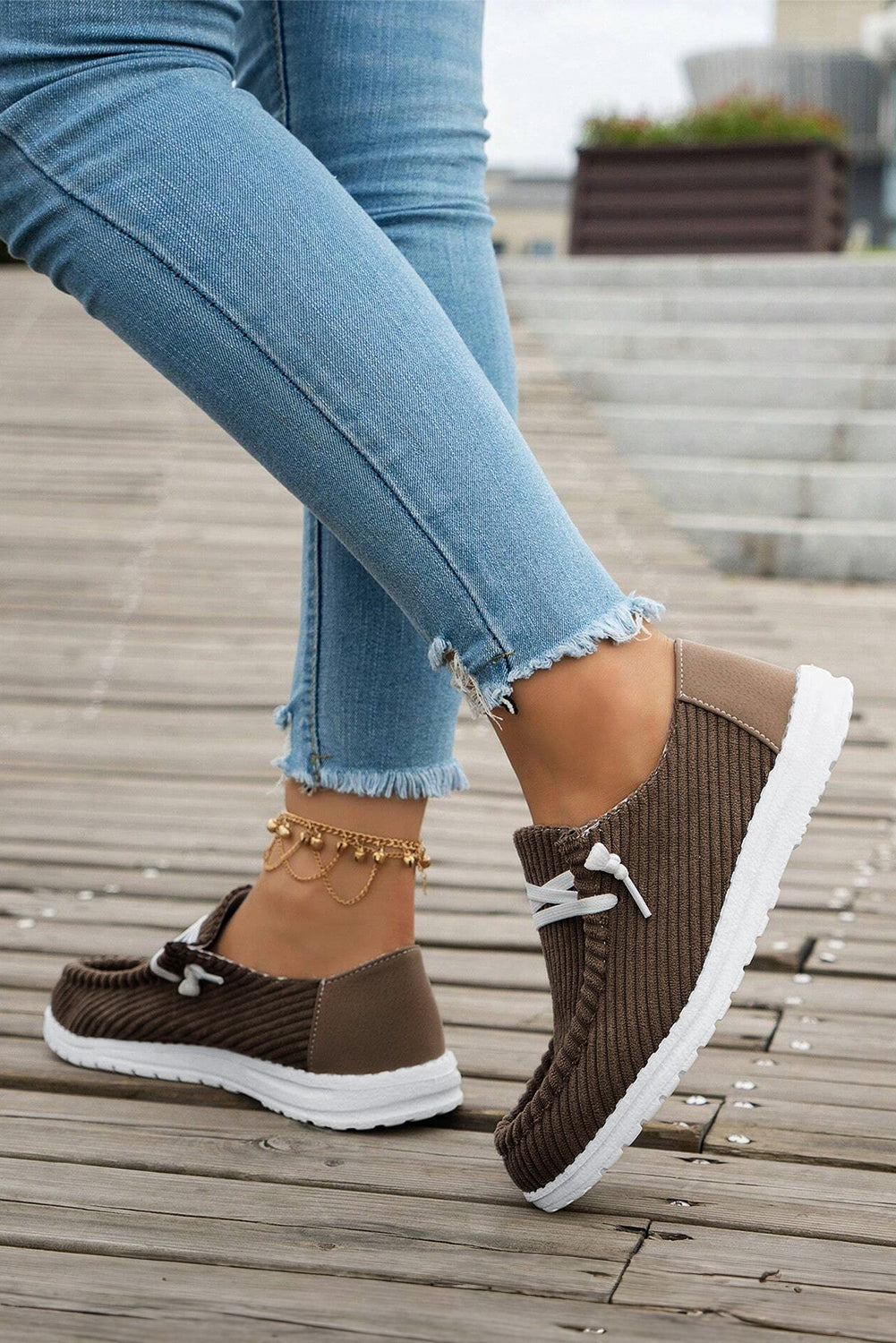 Coffee Ribbed Criss-Cross Slip-On Casual Shoes
