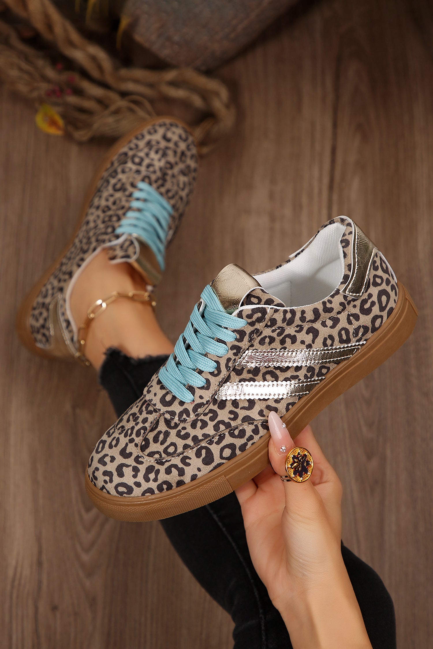 Coffee Leopard Print Faux Suede Lace-Up Sneakers