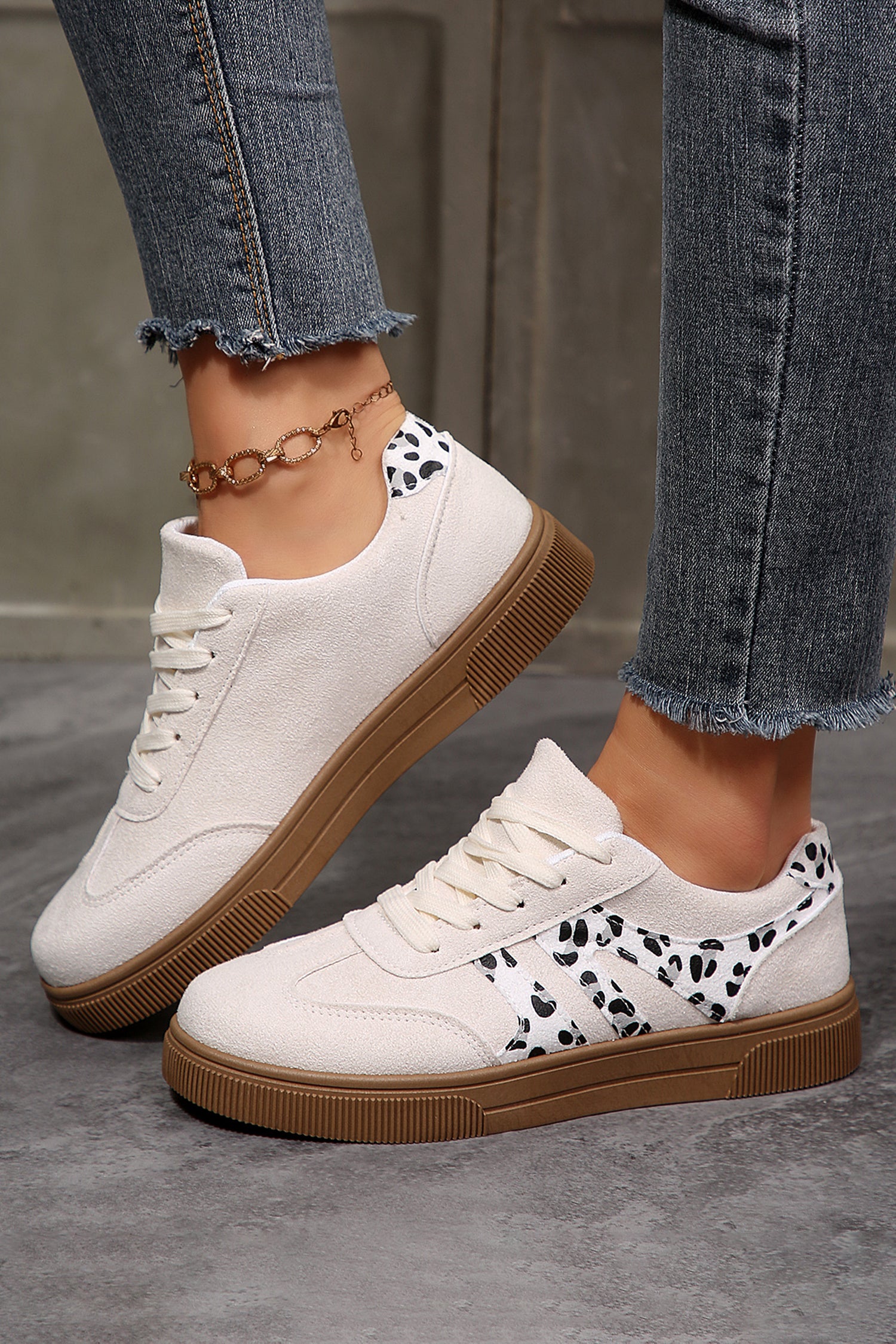 White Suede Leopard Color Block Lace-Up Casual Shoes