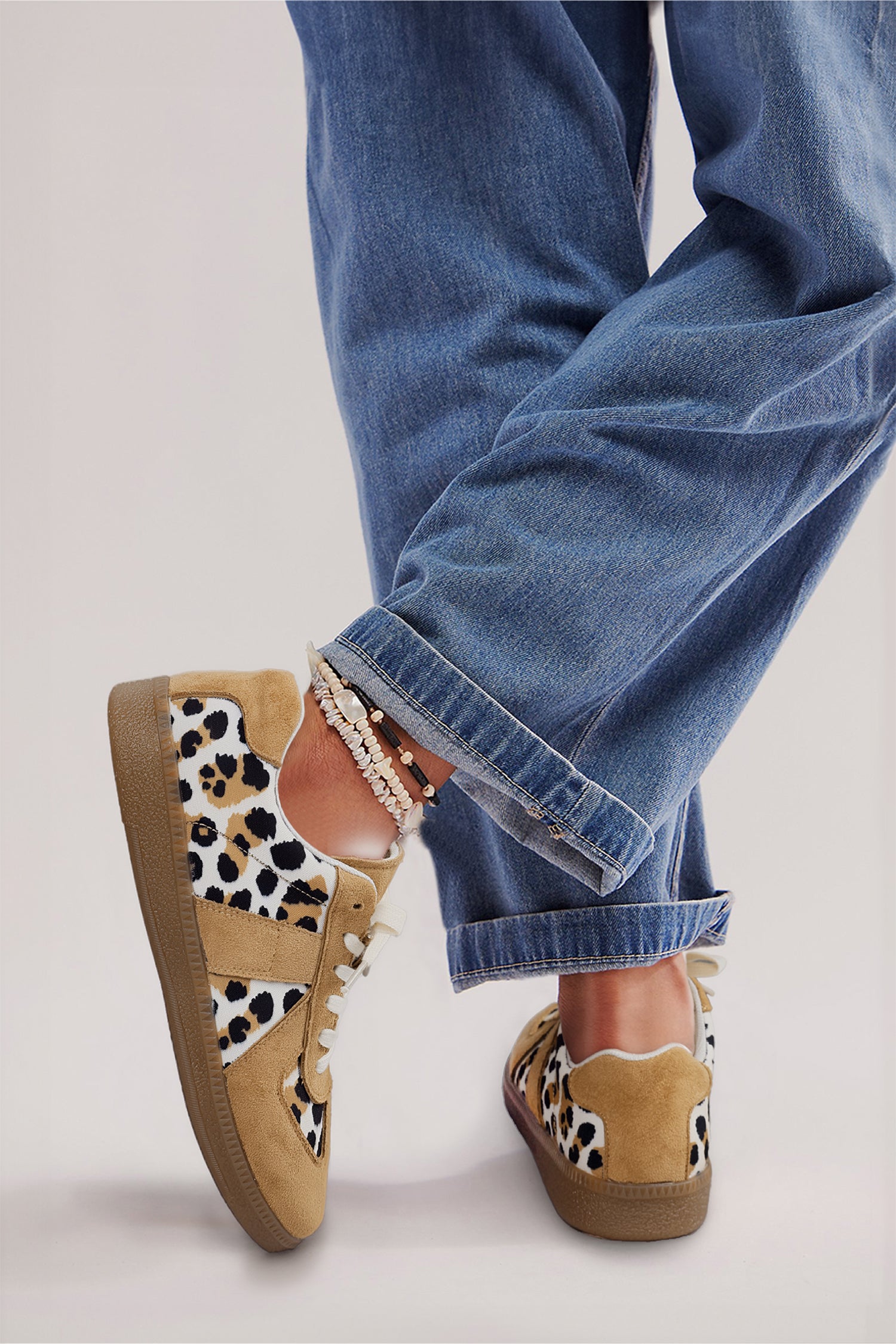 Beige Leopard Patchwork Lace-Up Flat Shoes
