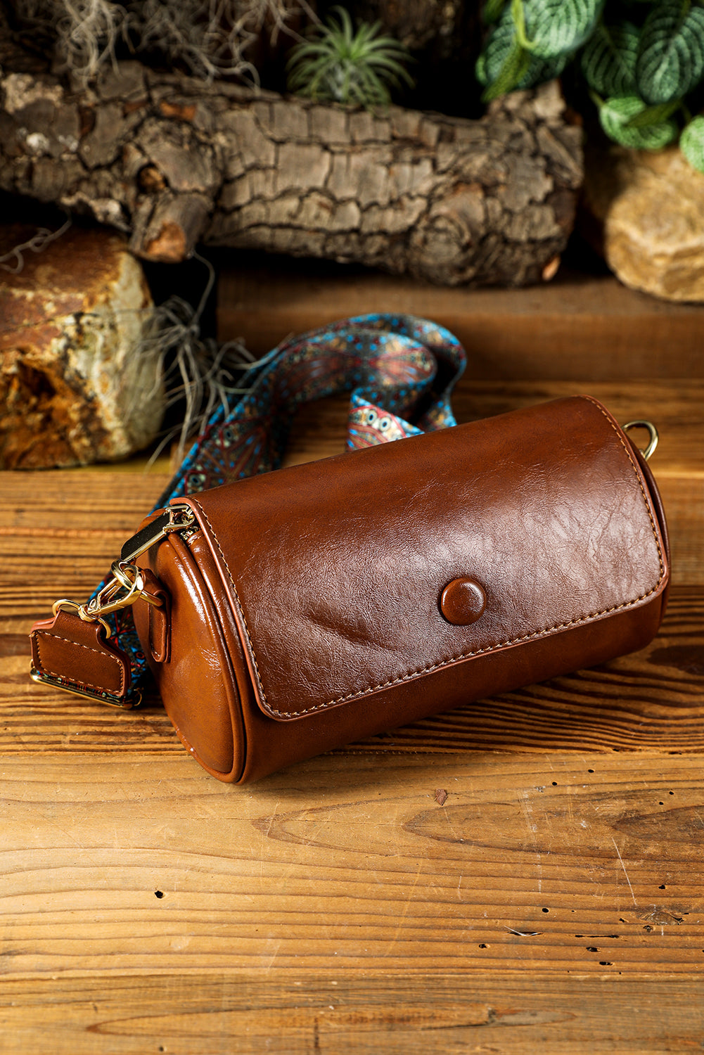 Chestnut PU Leather Flap Shoulder Bag with Retro Wide Strap