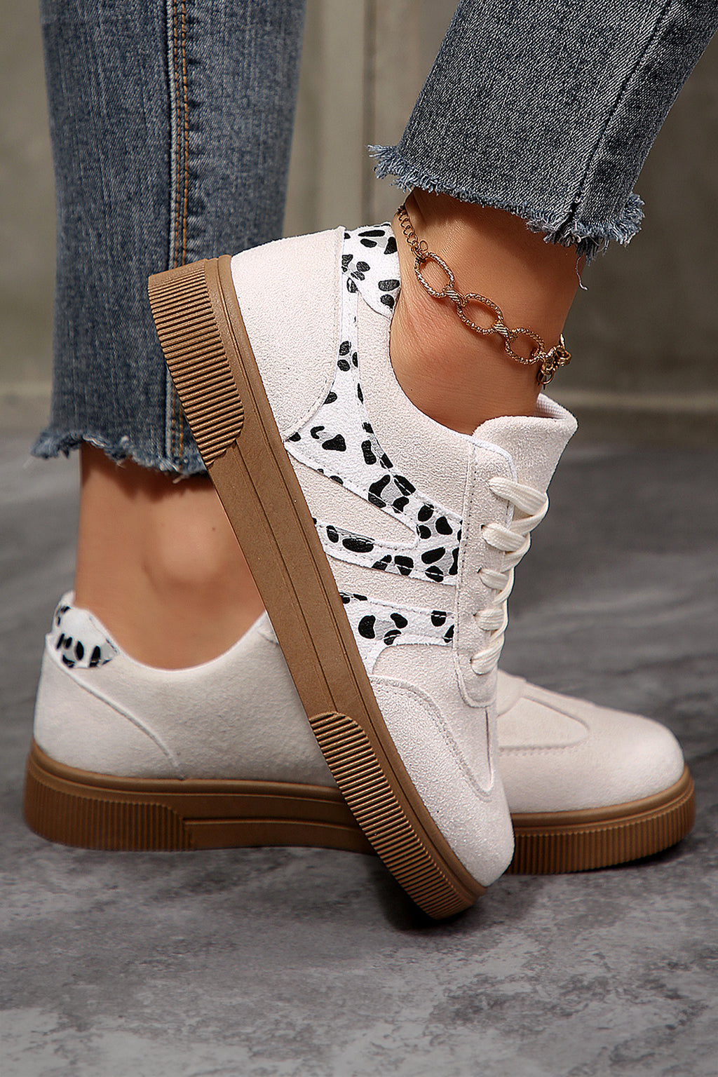 White Suede Leopard Color Block Lace-Up Casual Shoes