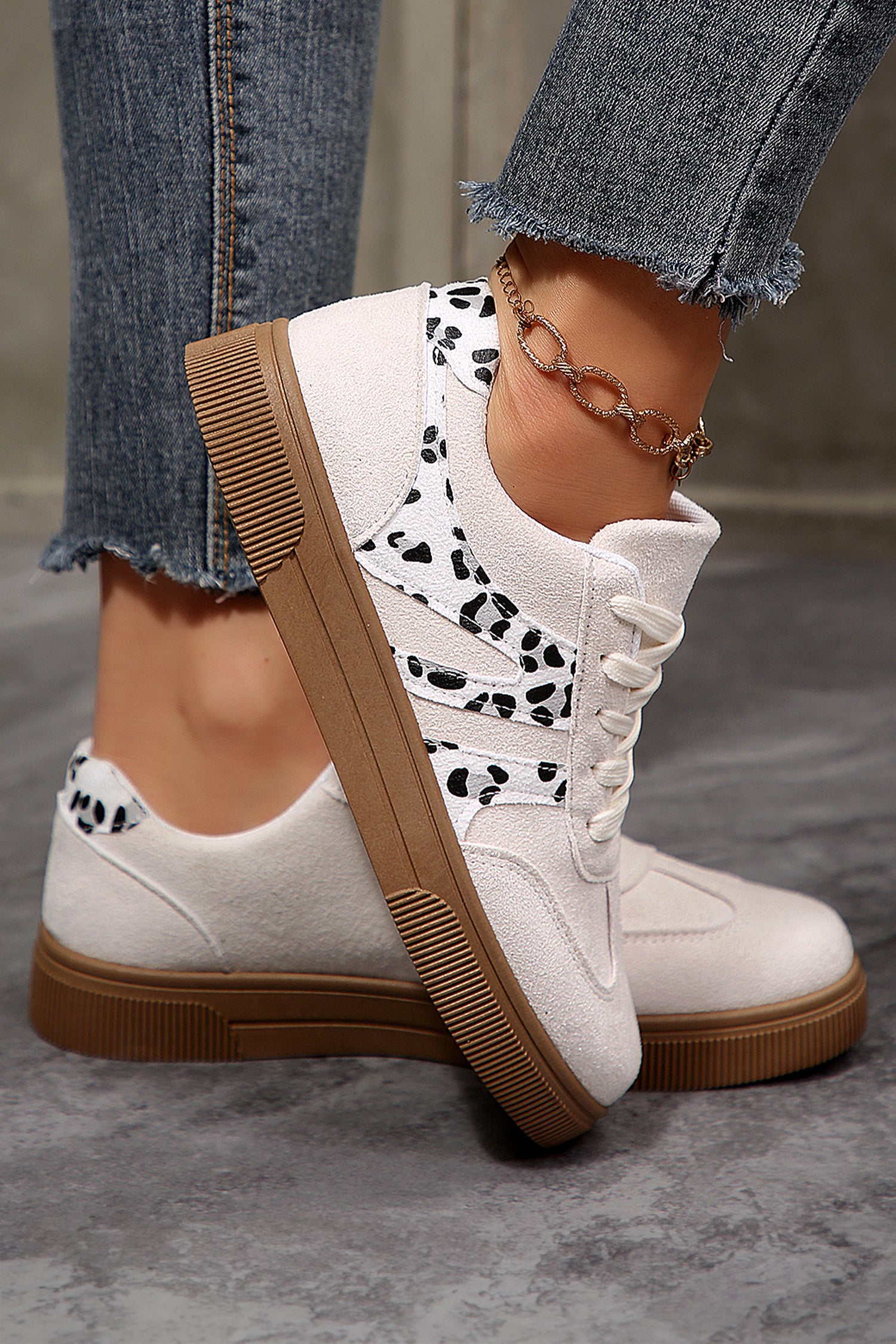 White Suede Leopard Color Block Lace-Up Casual Shoes