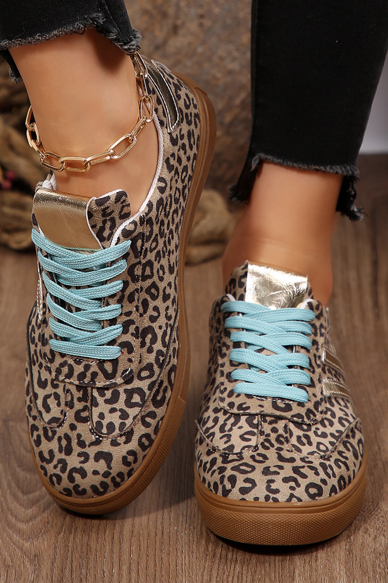 Coffee Leopard Print Faux Suede Lace-Up Sneakers