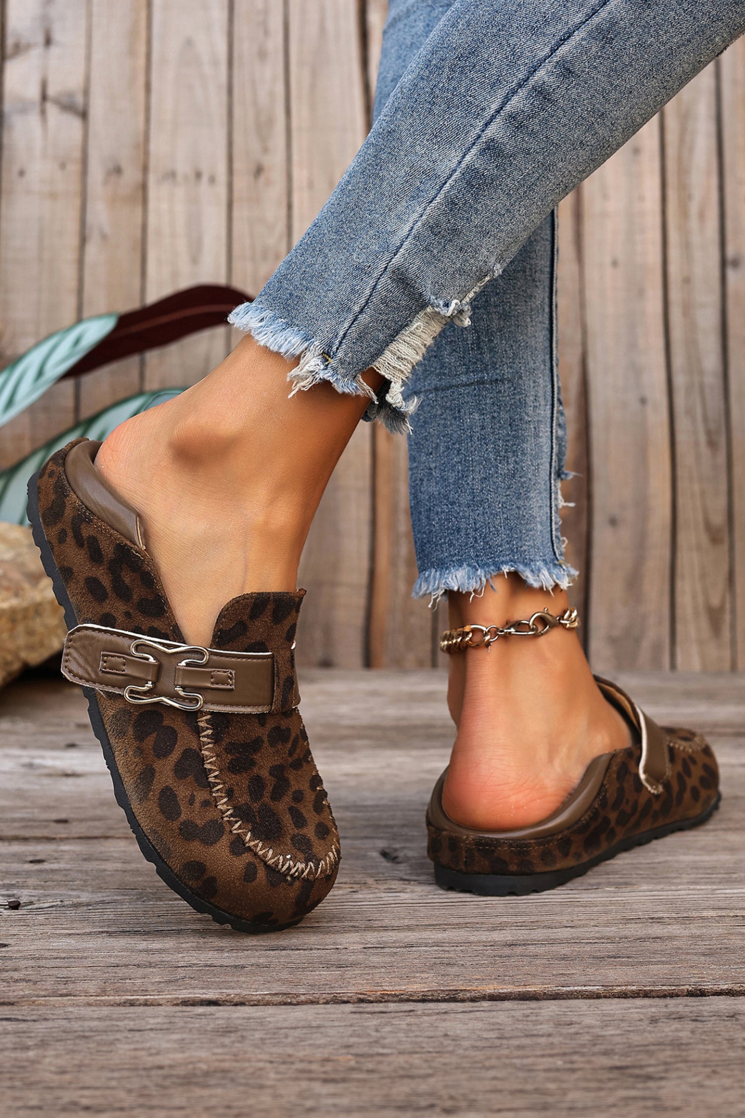 Khaki Faux Suede Retro Buckle Slip-On Shoes
