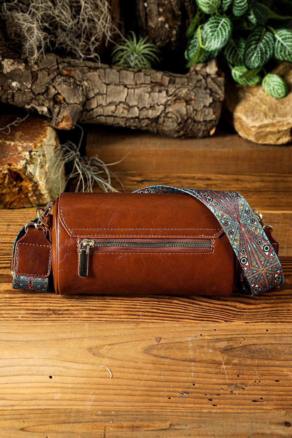 Chestnut PU Leather Flap Shoulder Bag with Retro Wide Strap