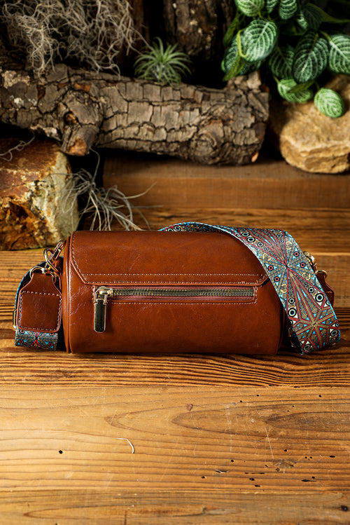Chestnut PU Leather Flap Shoulder Bag with Retro Wide Strap