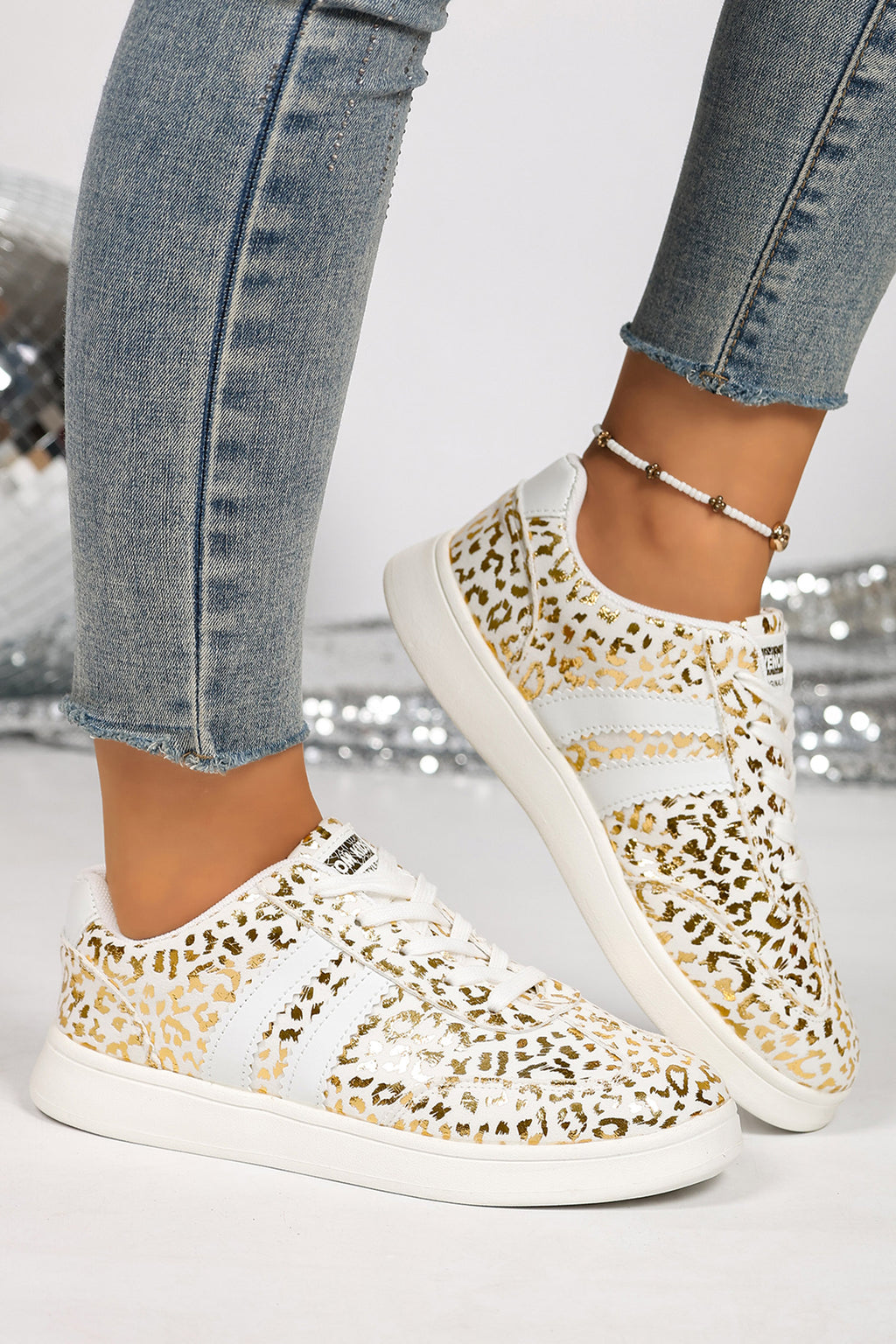 White Leopard Print Lace-Up Casual Shoes