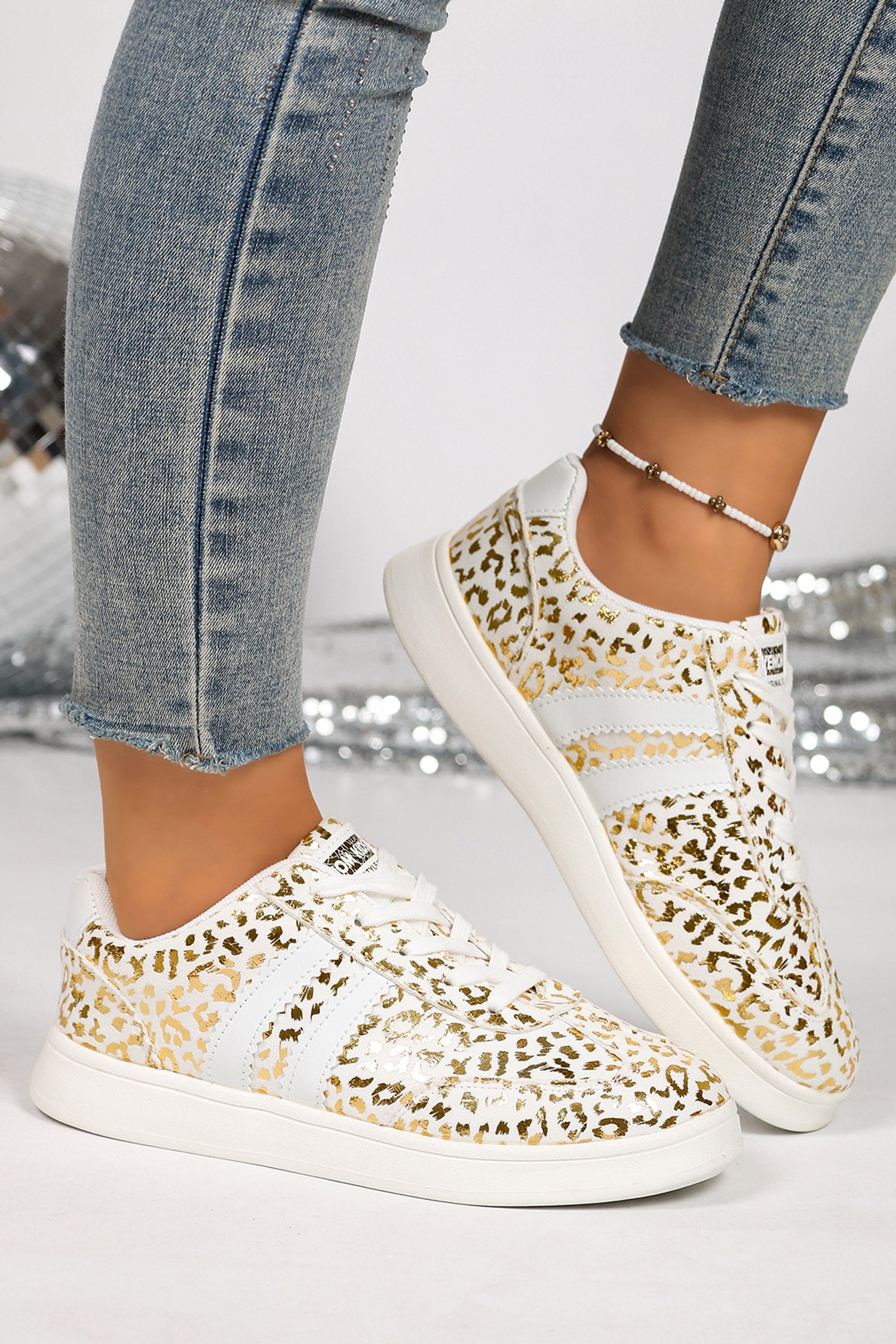 White Leopard Print Lace-Up Casual Shoes