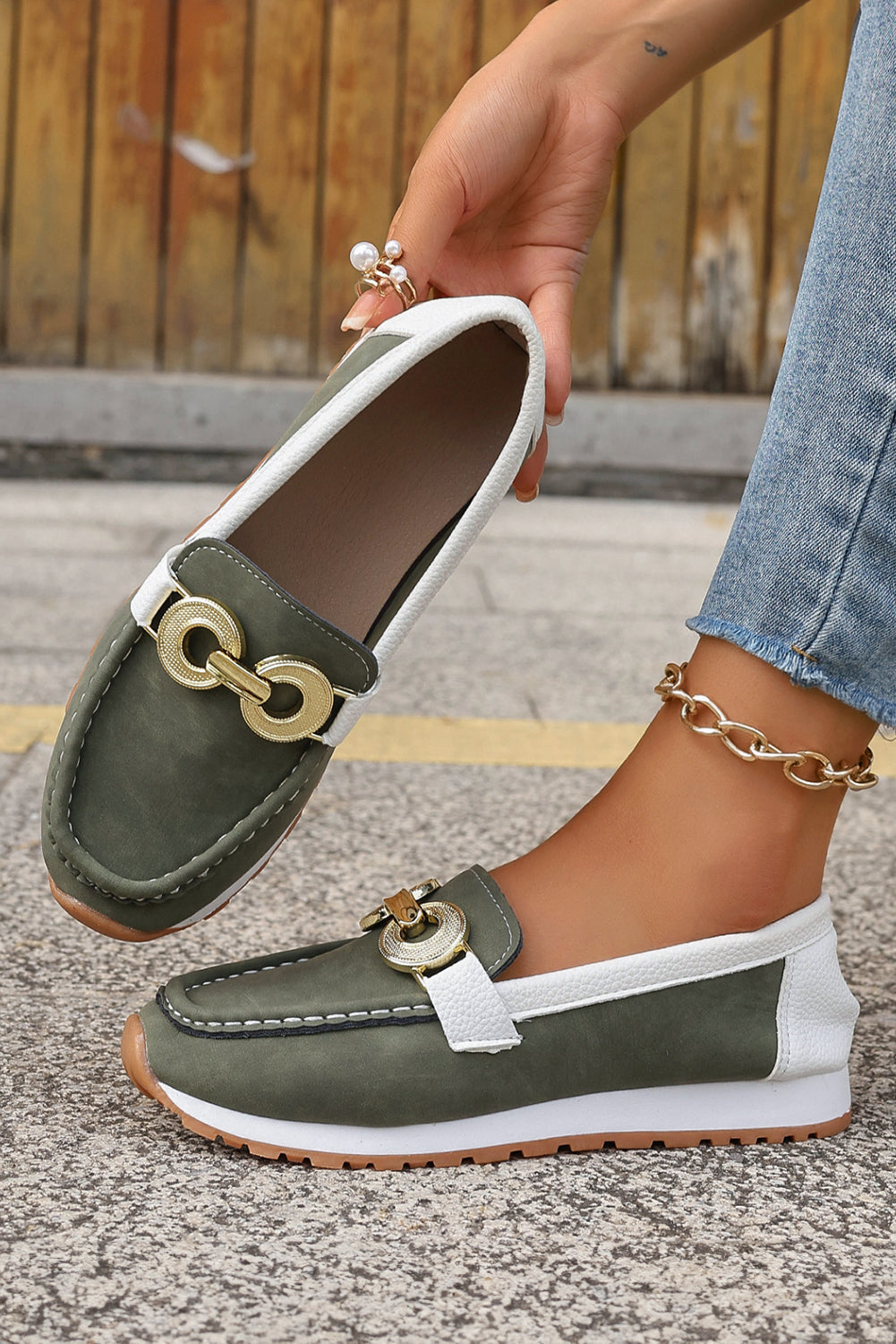 Dark Green Metal Ring Thick Sole Slip-On Loafers