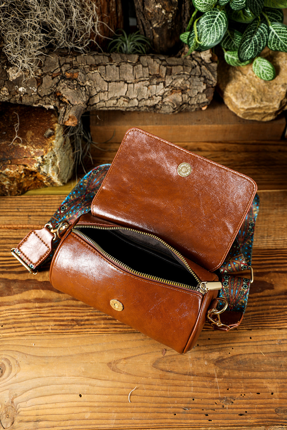 Chestnut PU Leather Flap Shoulder Bag with Retro Wide Strap