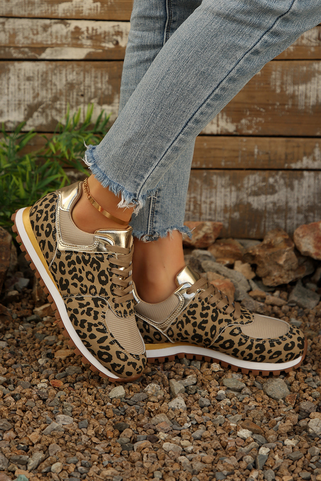 Coffee Leopard Faux Suede Patchwork Lace-Up Sneakers