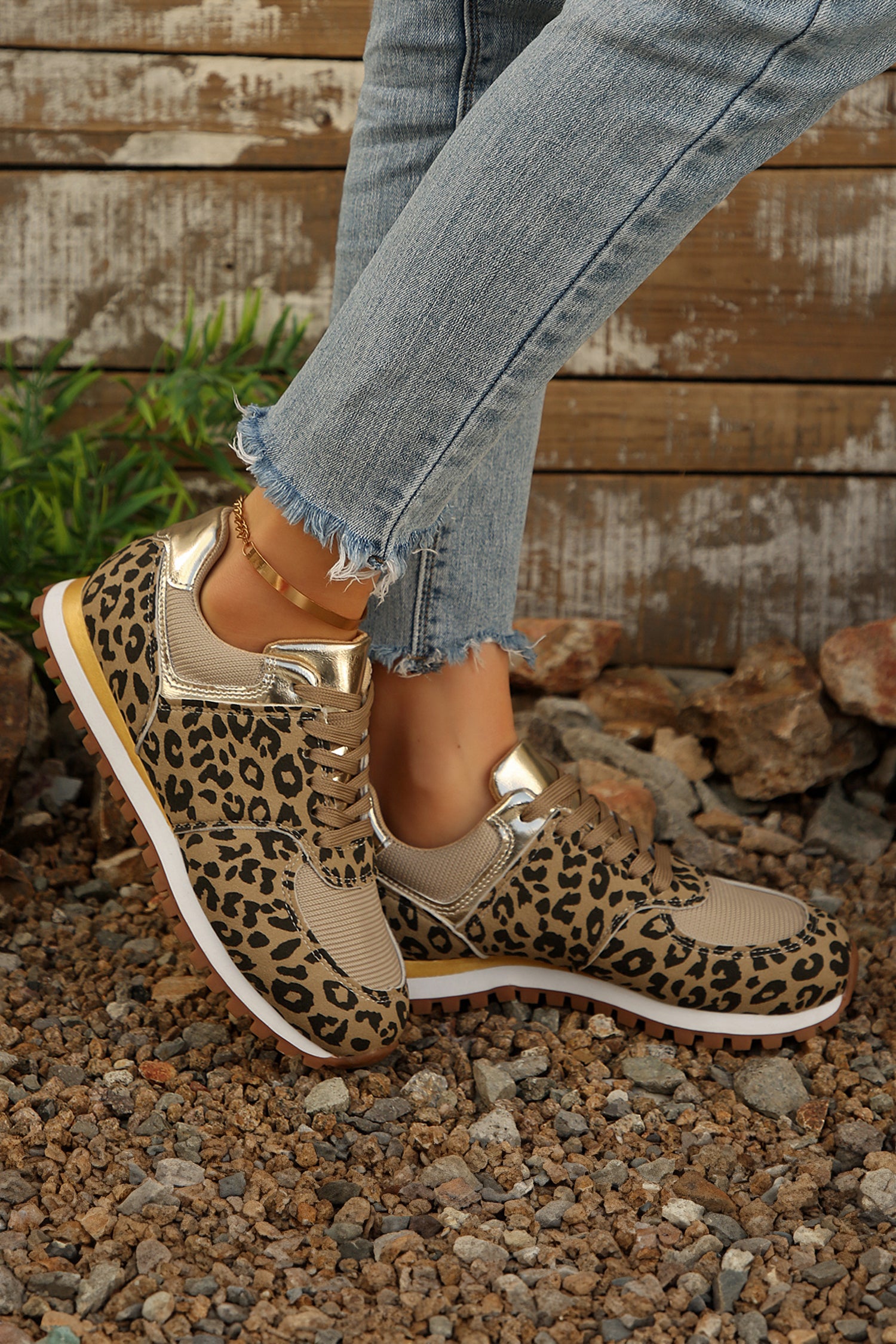 Coffee Leopard Faux Suede Patchwork Lace-Up Sneakers
