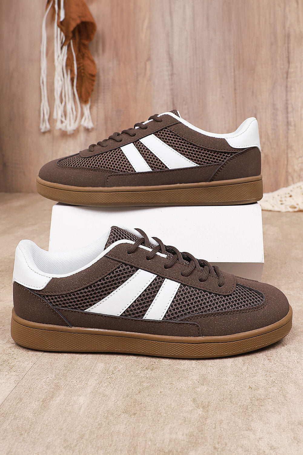 Coffee Mesh & Leather Patchwork Lace-Up Shoes