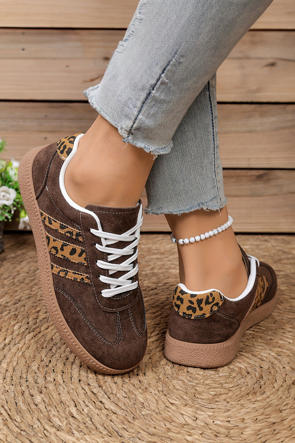Coffee Leopard Patchwork Faux Suede Lace-Up Shoes