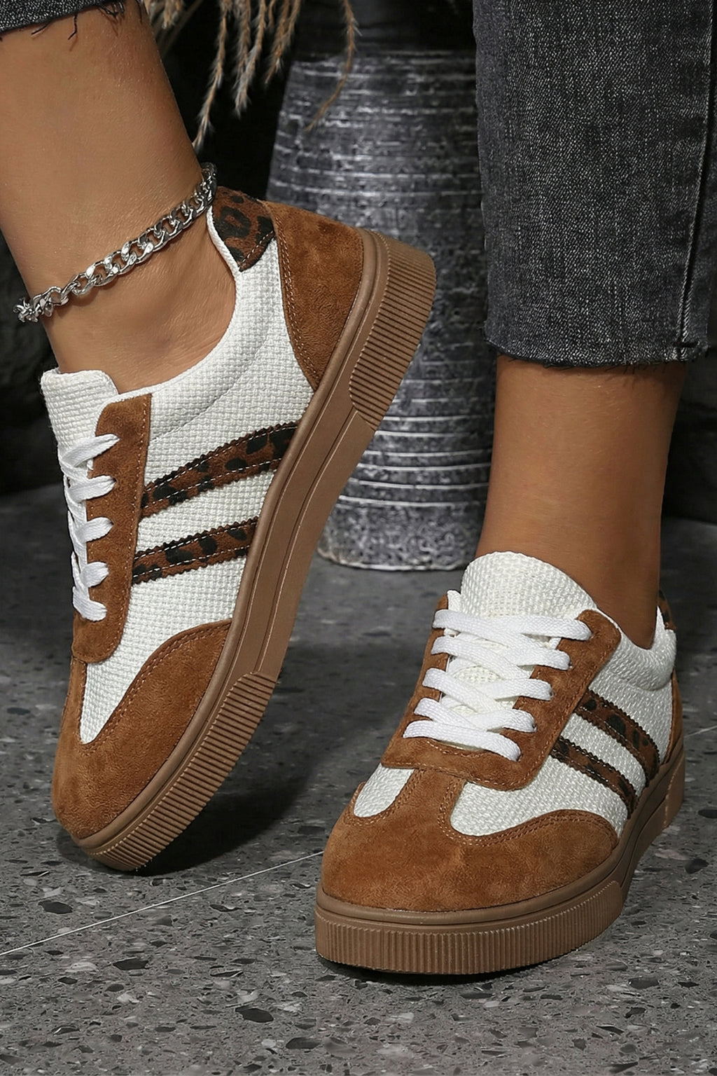 White Woven Leopard Patchwork Flat Sneakers
