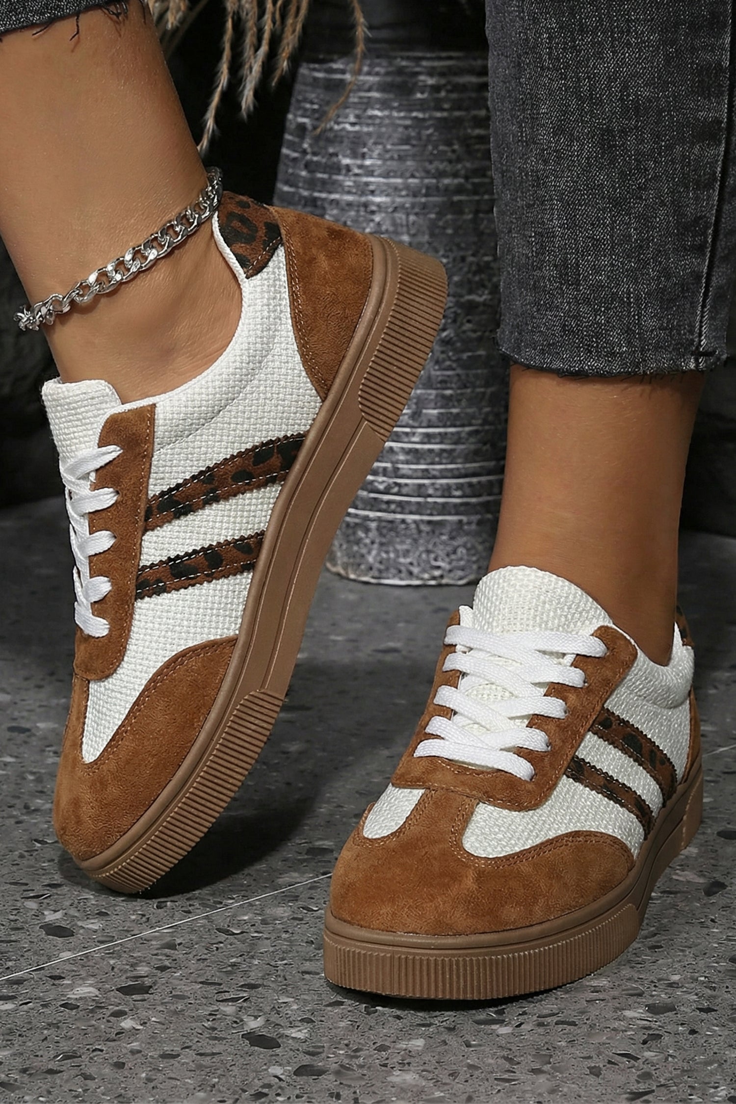 White Woven Leopard Patchwork Flat Sneakers