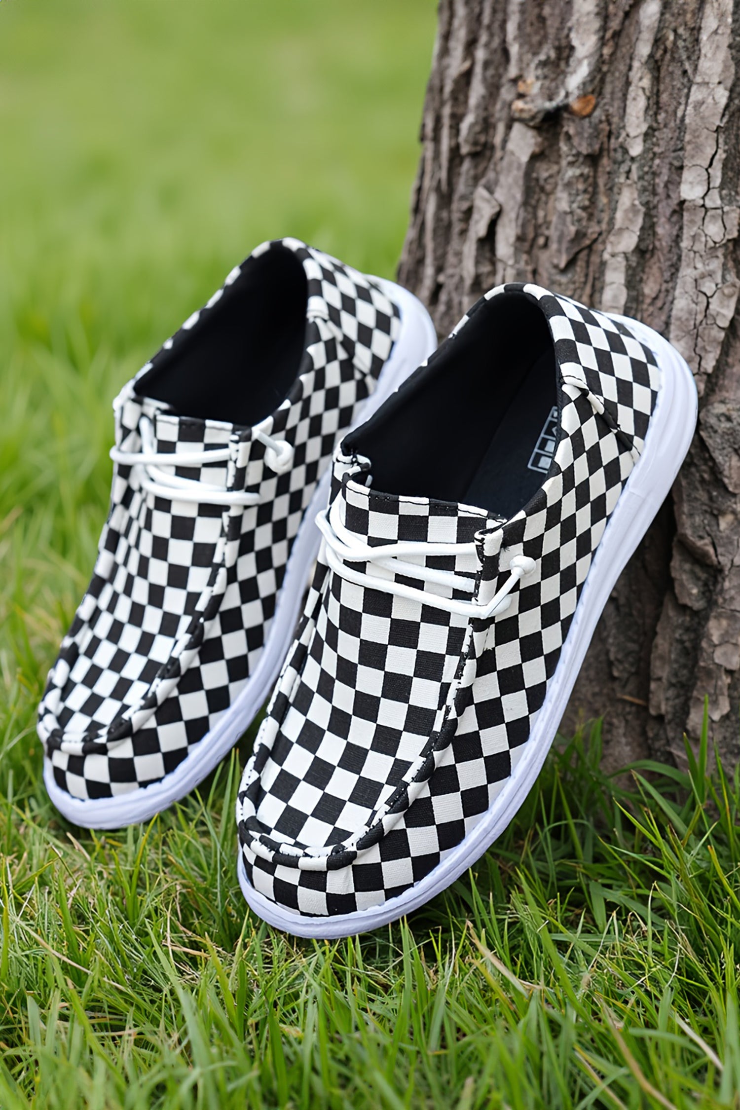 Black Checkered Print Lace-Up Flat Shoes