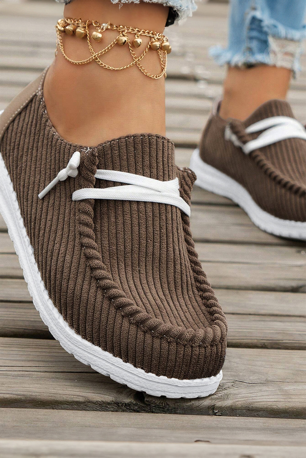 Coffee Ribbed Criss-Cross Slip-On Casual Shoes