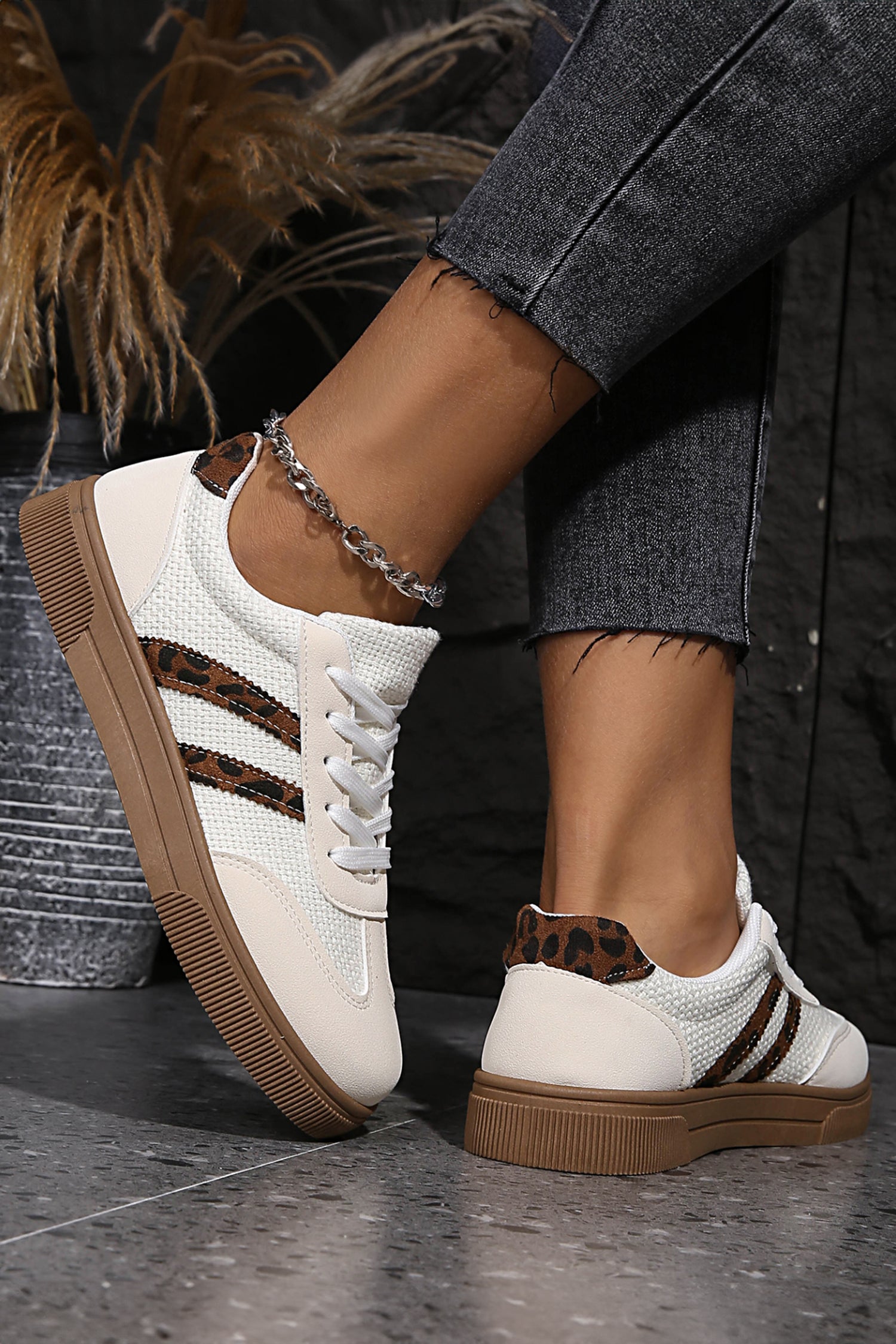 White Woven Leopard Patchwork Flat Sneakers