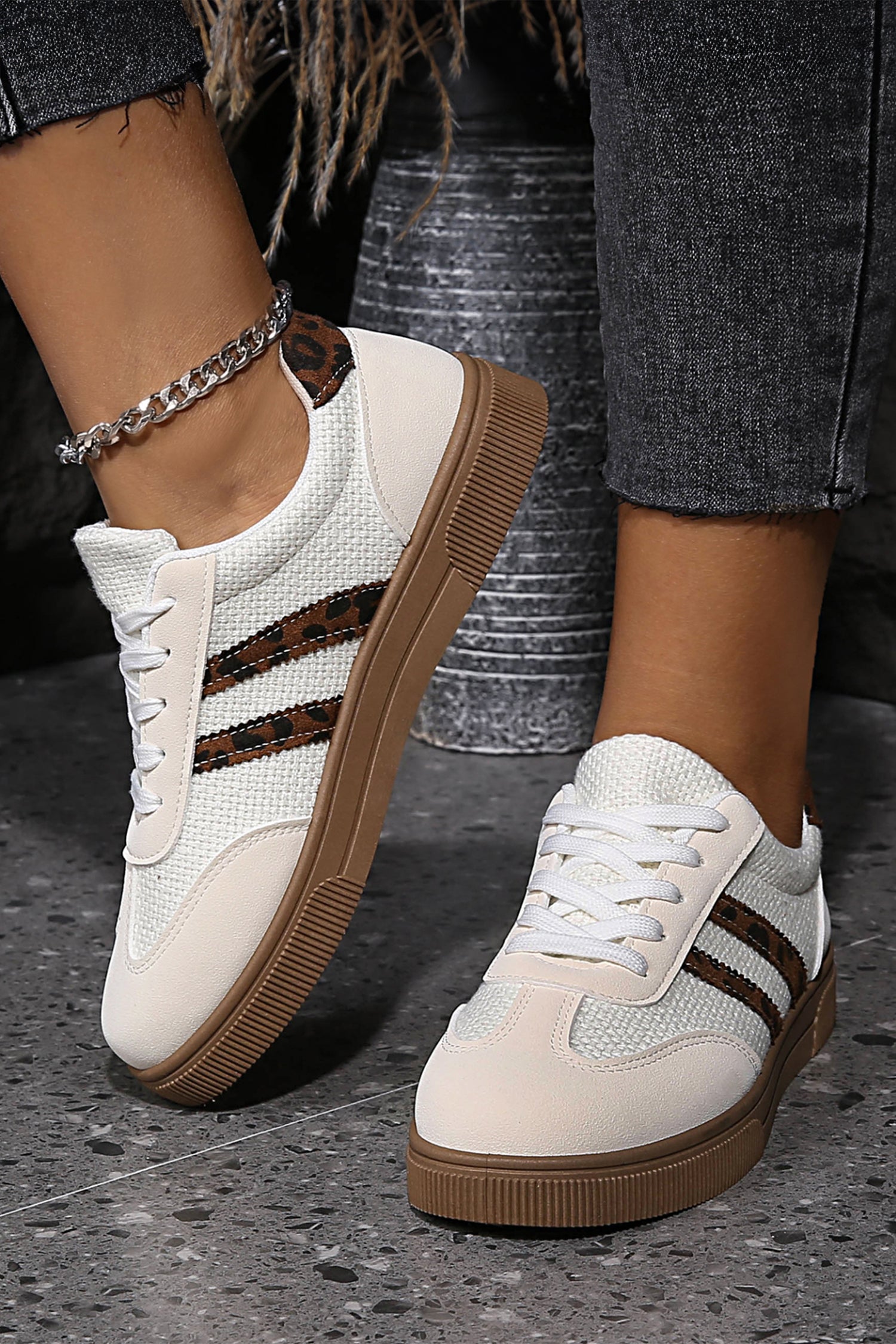 White Woven Leopard Patchwork Flat Sneakers