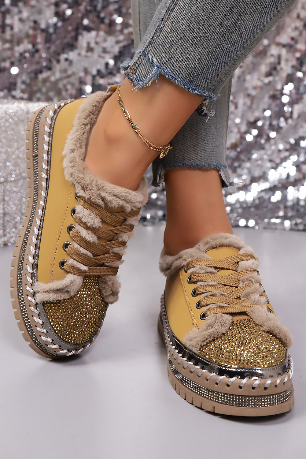Tan Rhinestone Faux Fur Lining Lace-Up Flat Shoes