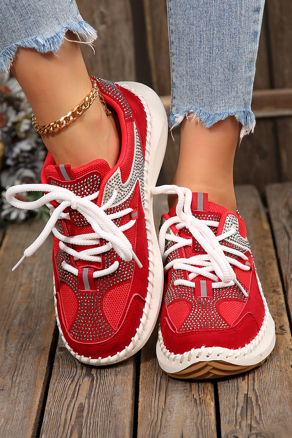 White Rhinestone Color Block Lace-Up Breathable Sneakers