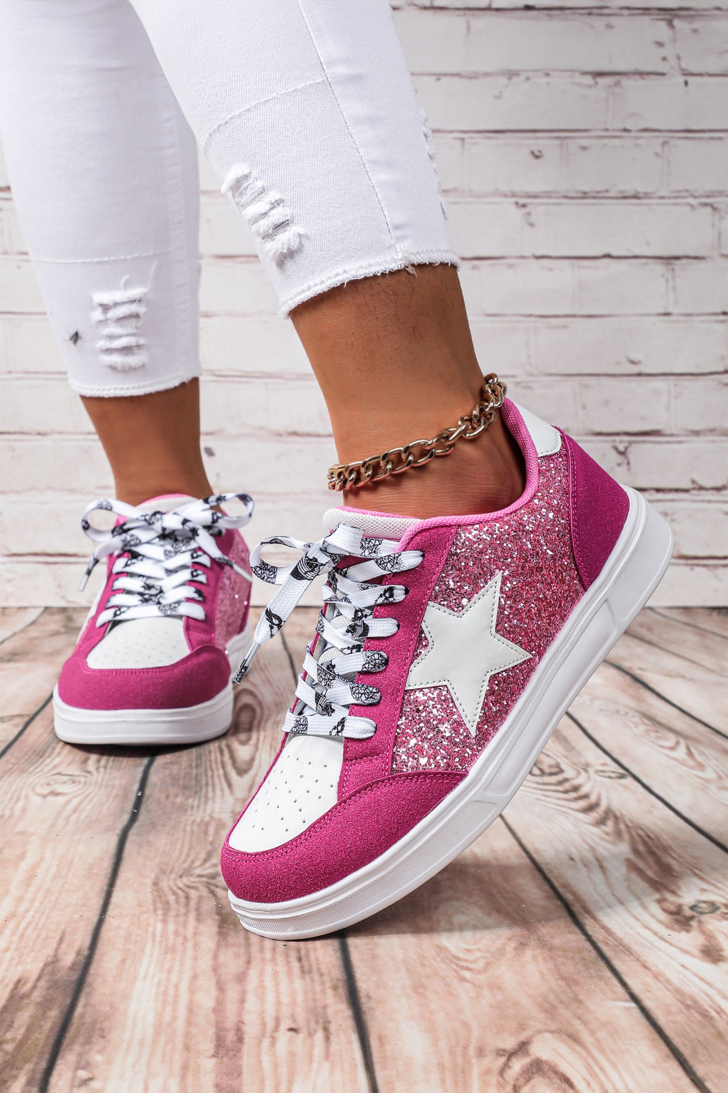 Rose Red Glitter Star Patchwork Lace-Up Flat Shoes