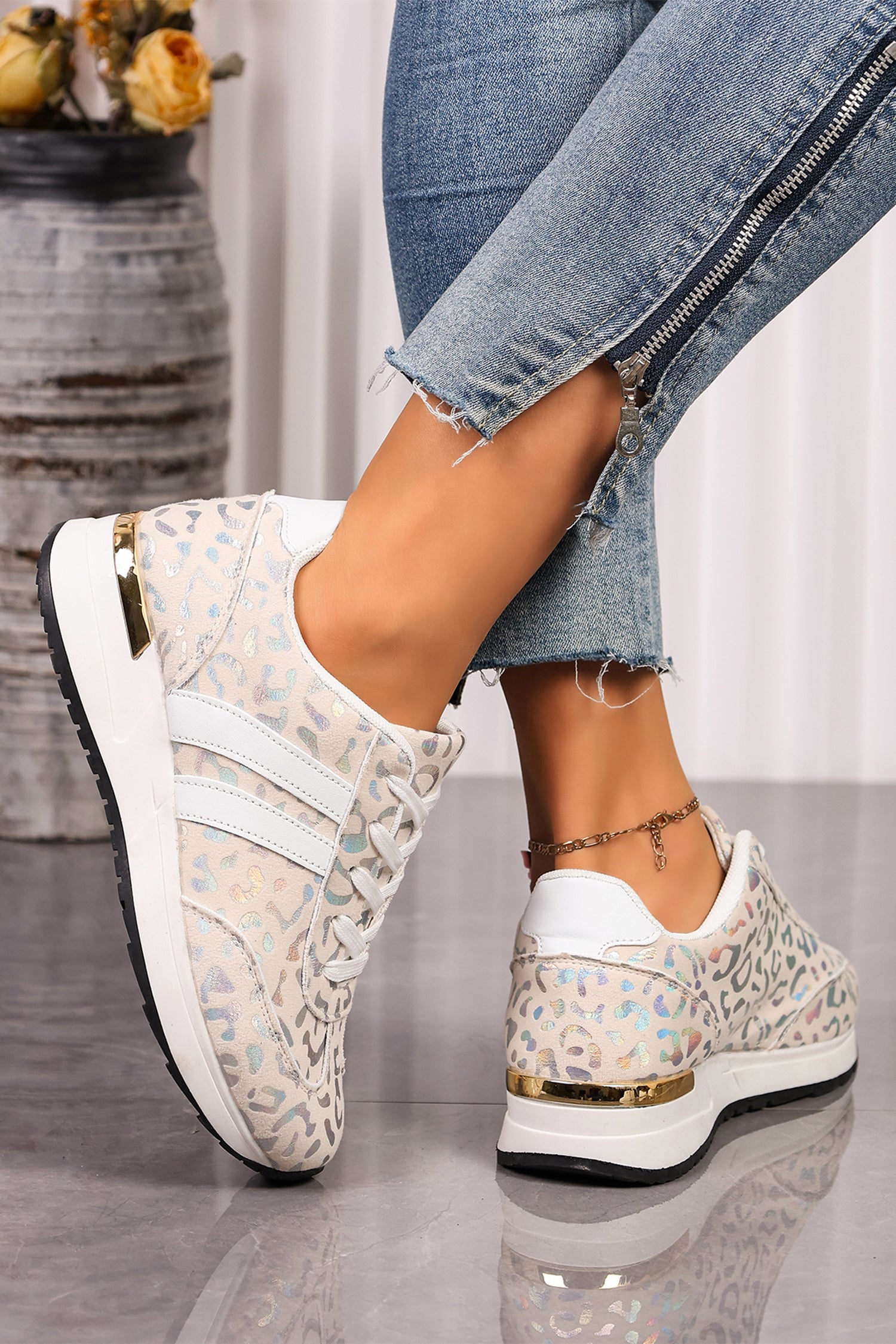 White Leopard Print Low-Top Sneakers