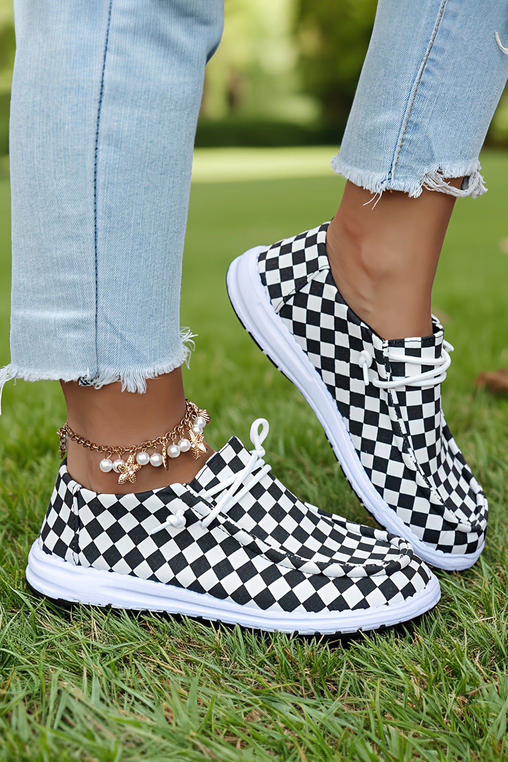 Black Checkered Print Lace-Up Flat Shoes