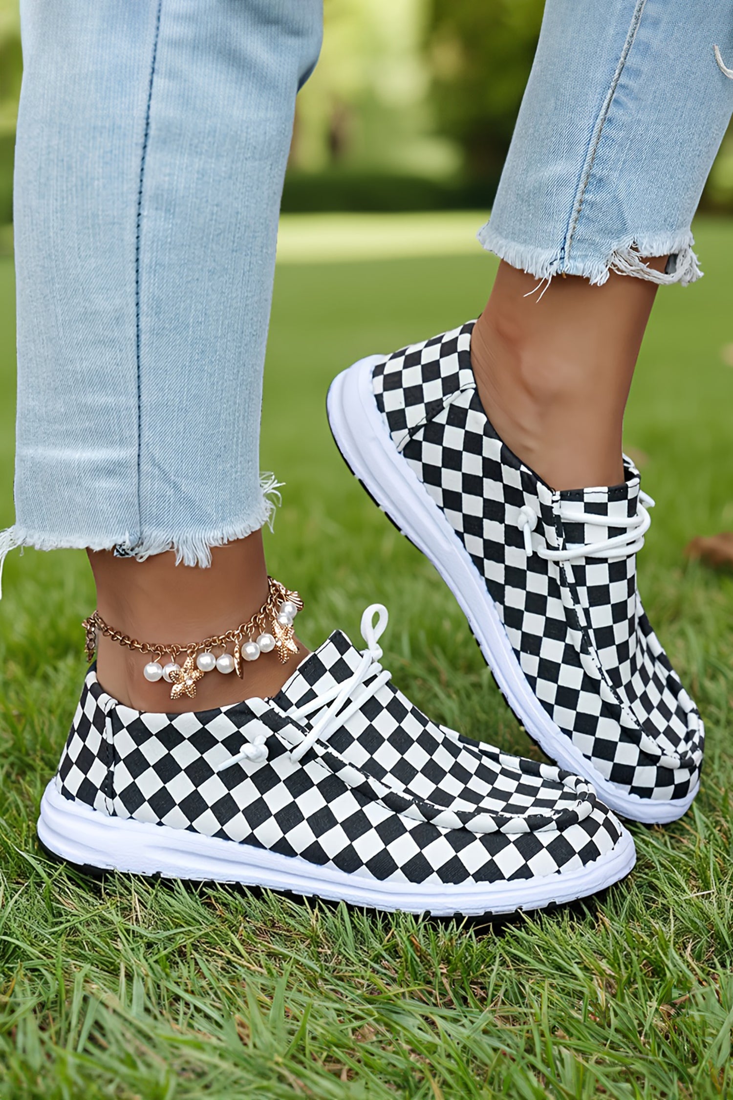Black Checkered Print Lace-Up Flat Shoes