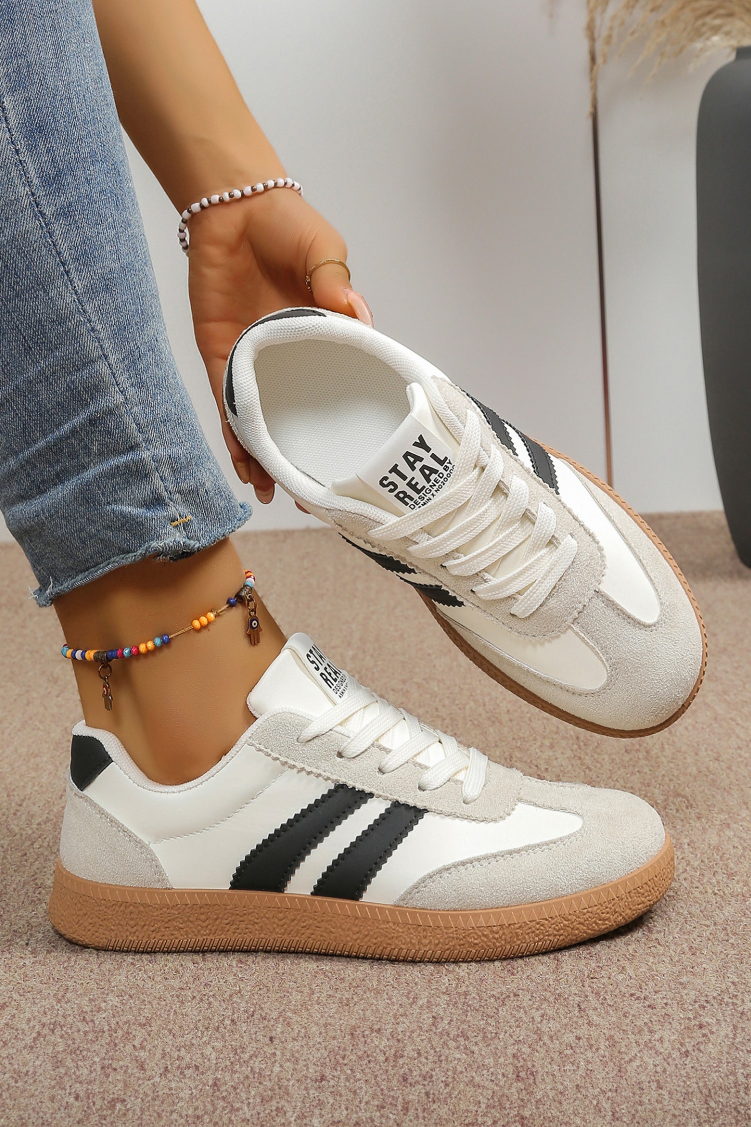 White Varsity Color Block Lace-Up Shoes