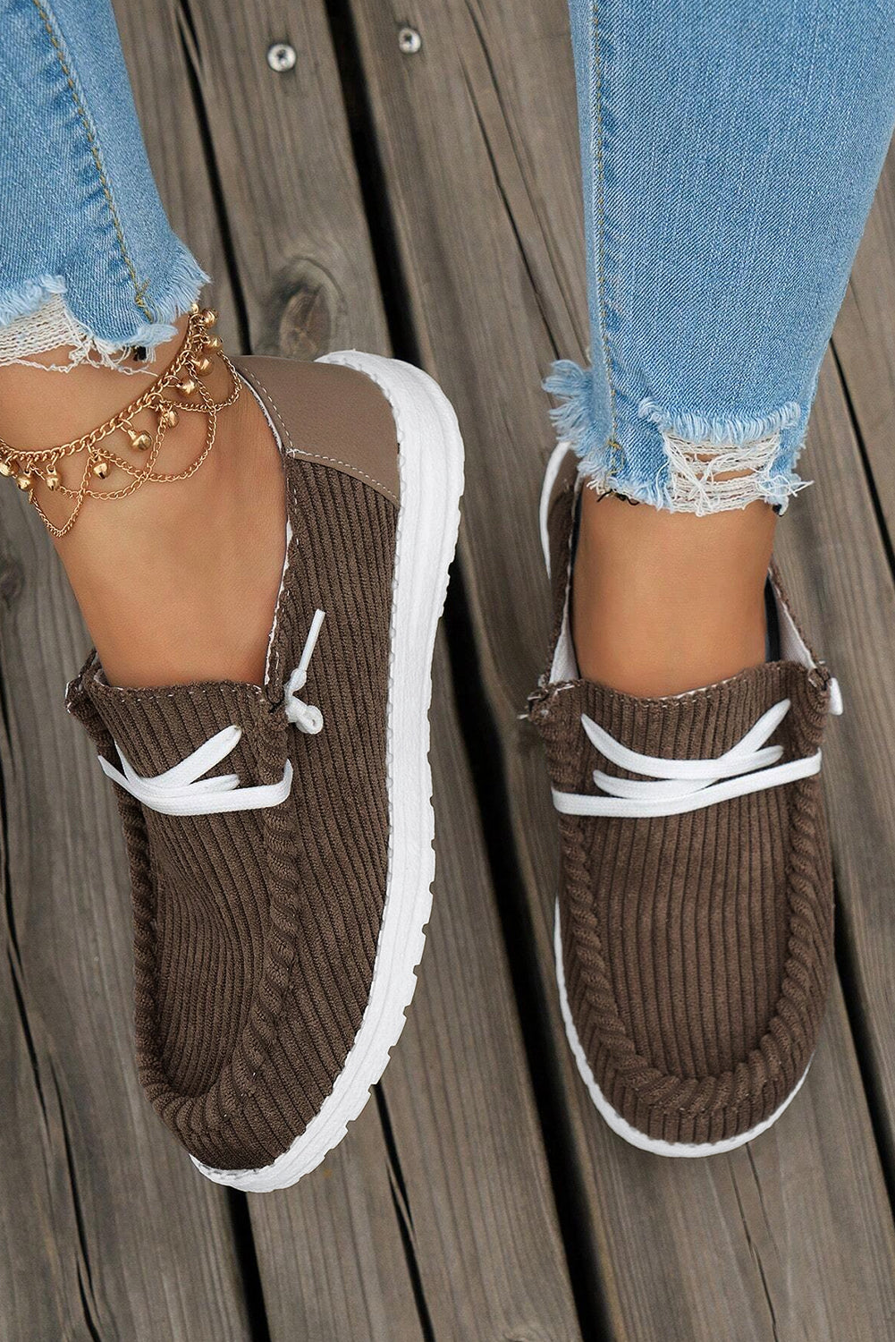Coffee Ribbed Criss-Cross Slip-On Casual Shoes